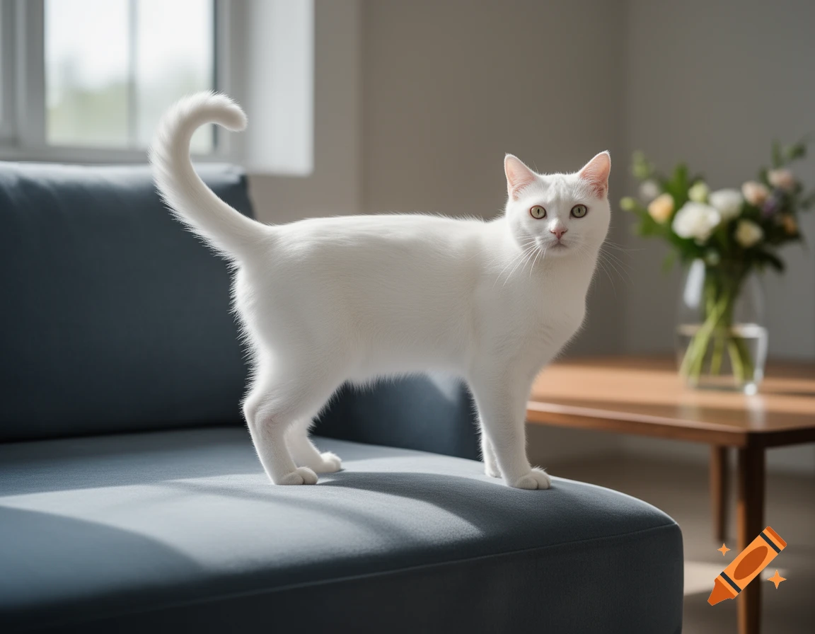 A photorealistic white cat with yellow eyes stands on a blue couch in a sunlit living room.