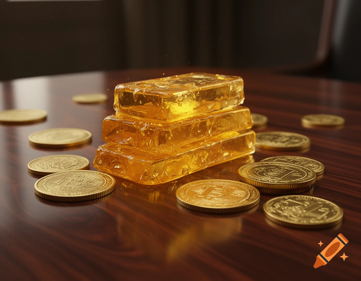 A stack of three glistening, amber-colored gold bars sits prominently on a dark, polished wooden table, surrounded by various gold coins, some featuring a Bitcoin 'B' logo. The scene evokes a sense of wealth and luxury, rendered in a hyper-detailed, photorealistic style.