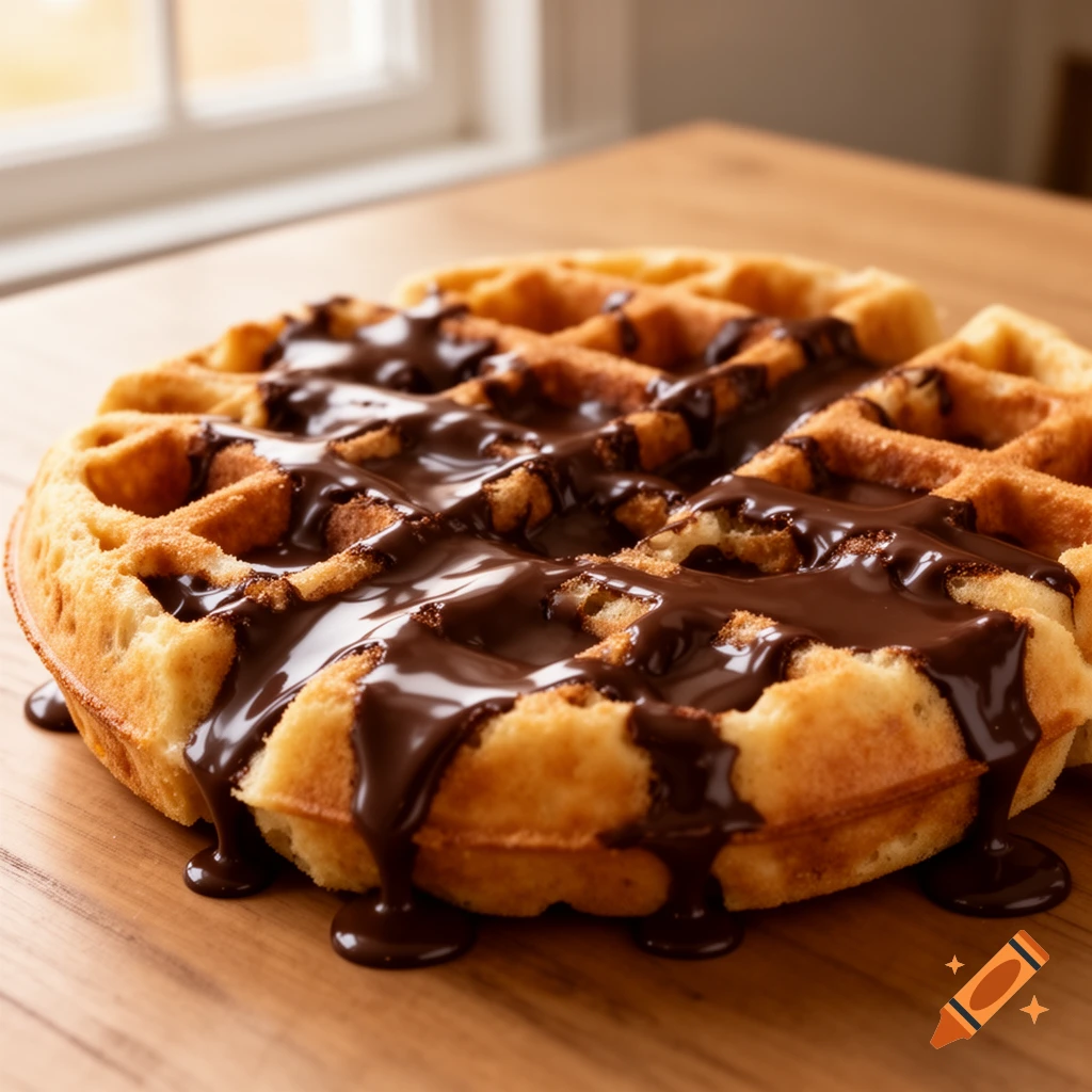 A close-up, photorealistic shot of a golden-brown waffle generously drizzled with rich, dark chocolate sauce on a wooden table.