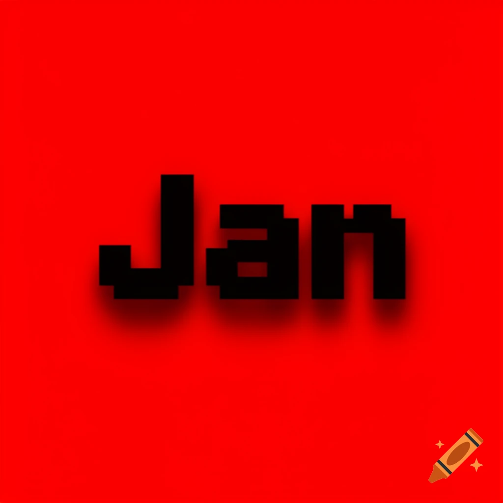 Pixelated black text spelling 'Jan' with a shadow on a solid red background.