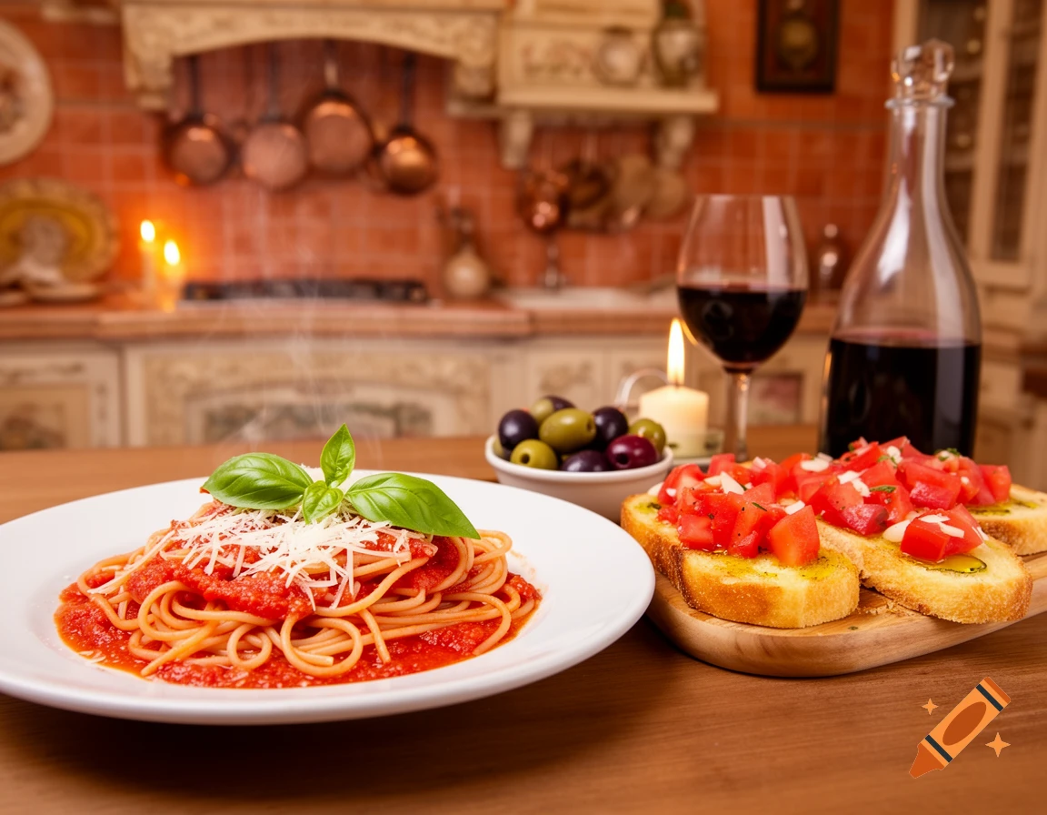 Plate of spaghetti with tomato sauce, parmesan, and basil, with bruschetta, olives, a glass and bottle of red wine, on a wooden table in a rustic kitchen.