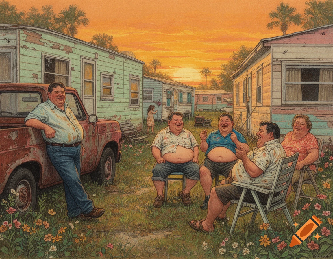 A Norman Rockwell-style painting shows people with pot bellies relaxing in a rundown Florida trailer park at sunset.