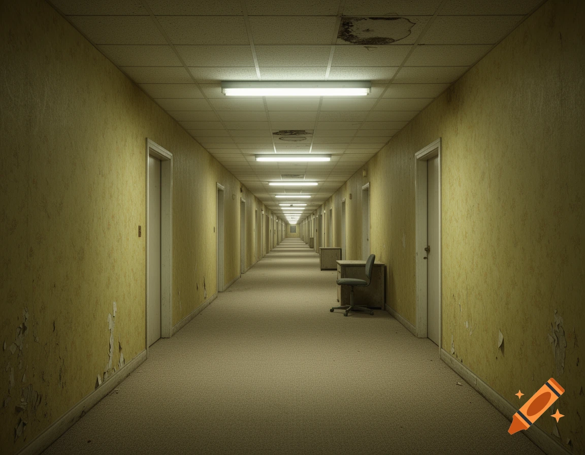 Long, unsettling corridor with peeling yellow walls, fluorescent lights, and a distant desk and chair, evoking a liminal space.