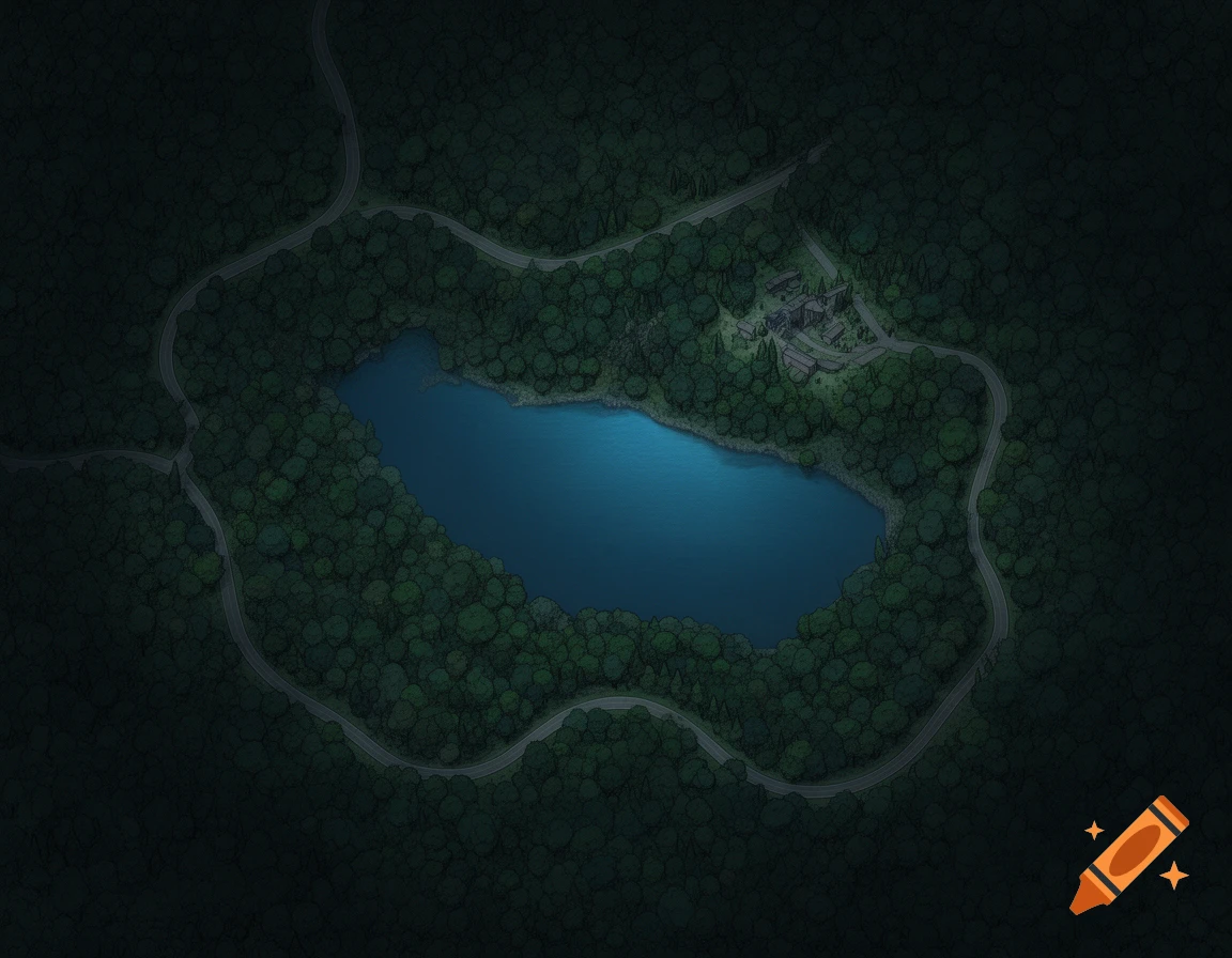 Aerial view of a dark forest surrounding a blue lake, with a winding road and a dimly lit settlement on its edge.