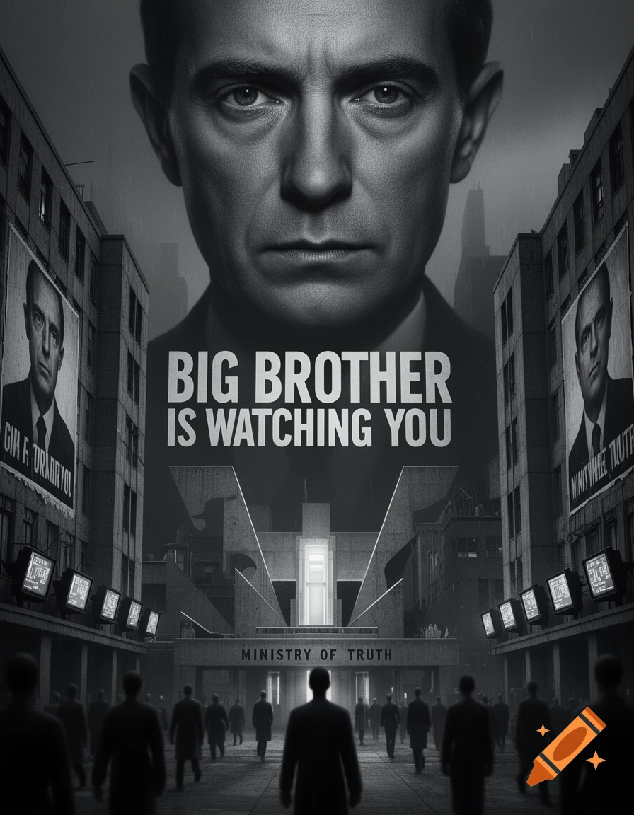 A grayscale, graphic novel-style image showing a giant man's face overseeing a crowd walking towards a
