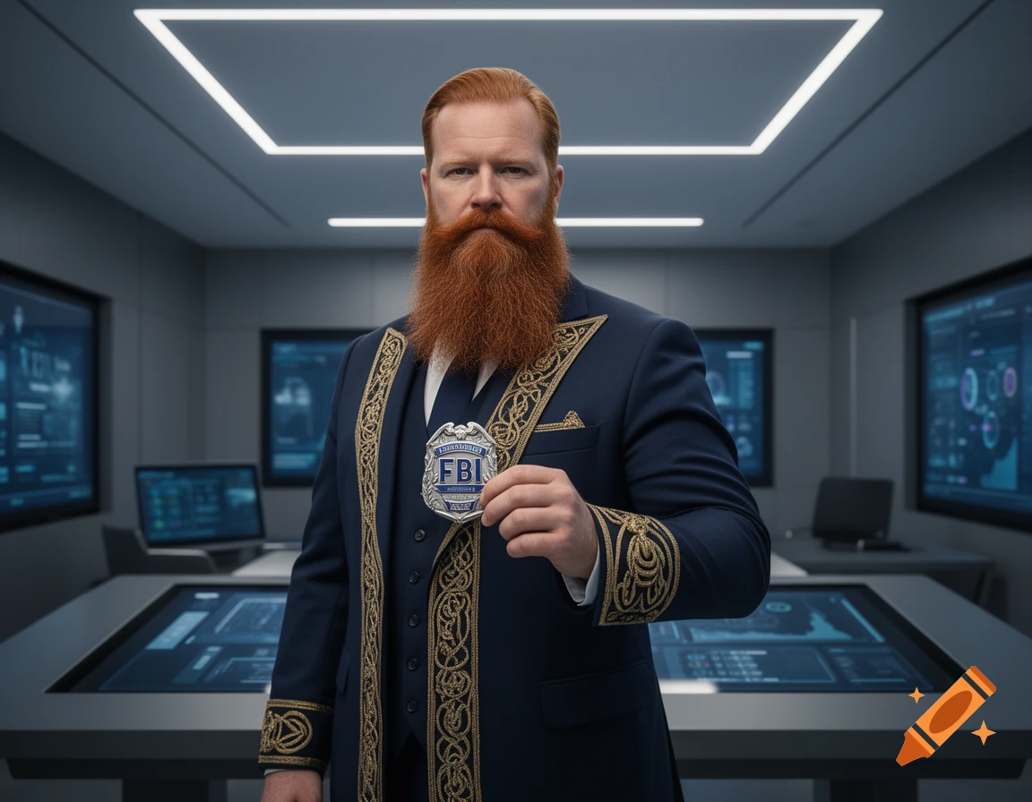 A man with a long red beard and a dark suit with gold medieval embroidery holds an FBI badge in a high-tech office.