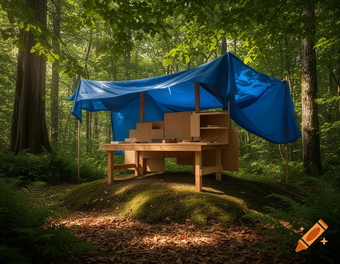 A makeshift workstation made of plywood and covered by a blue tarp sits in a sun-dappled green forest.