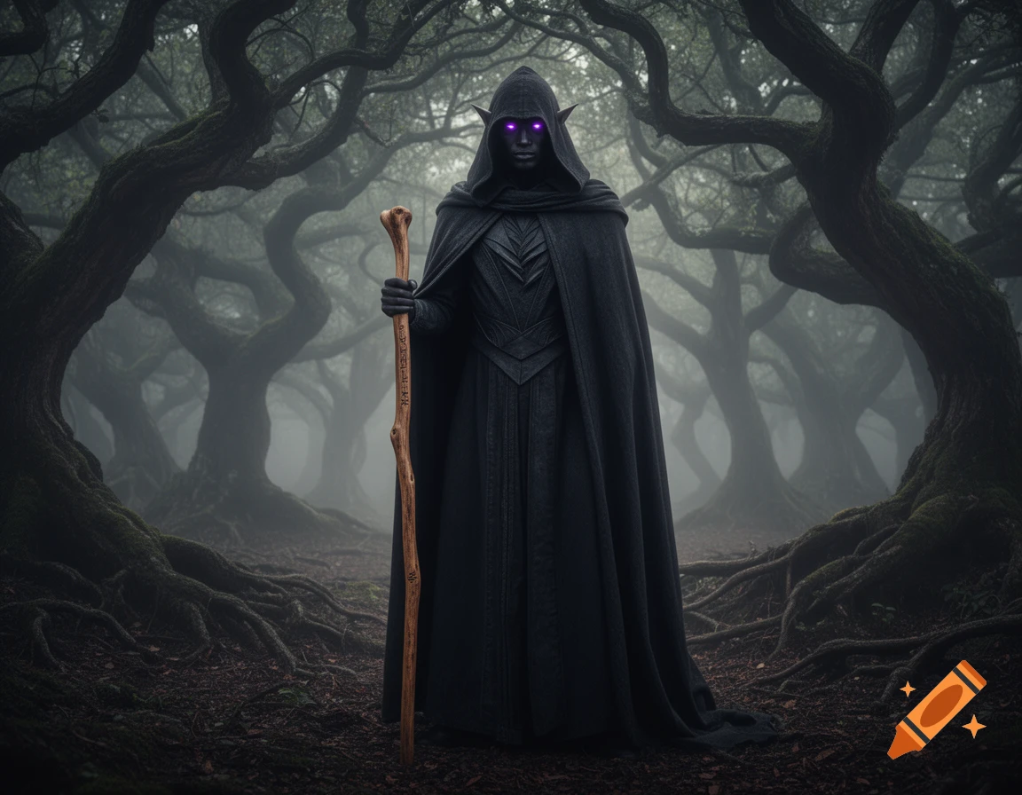 A mysterious dark elf wizard in a hooded cloak with glowing purple eyes stands in a misty, gnarled forest, holding a wooden staff.