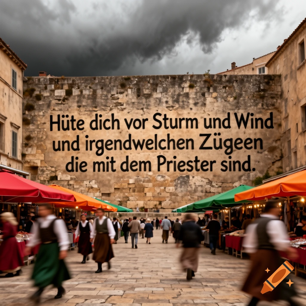 A bustling street market under a stormy sky, with people blurred by motion, and German text on an old stone wall.