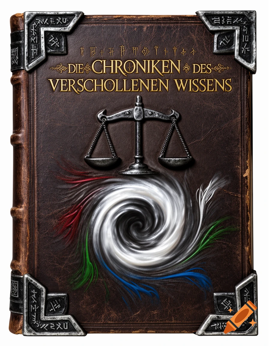 Ornate dark brown leather book cover with gold text 'DIE CHRONIKEN DES VERSCHOLLENEN WISSENS', metal corners, a scale, and a swirling vortex.