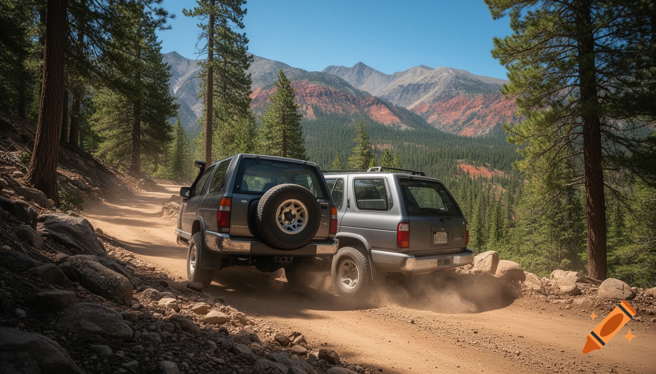 Two SUVs kick up dust while driving on a dirt road through a pine forest with mountains in the background.