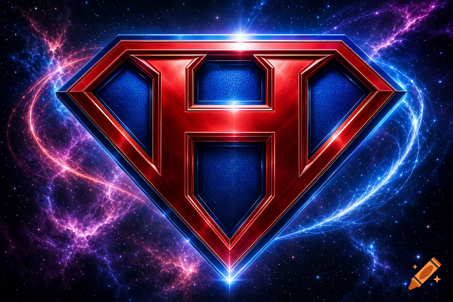 A vibrant, metallic red letter H logo stylized like a superhero emblem, set against a dark cosmic background with glowing blue and red nebulae.