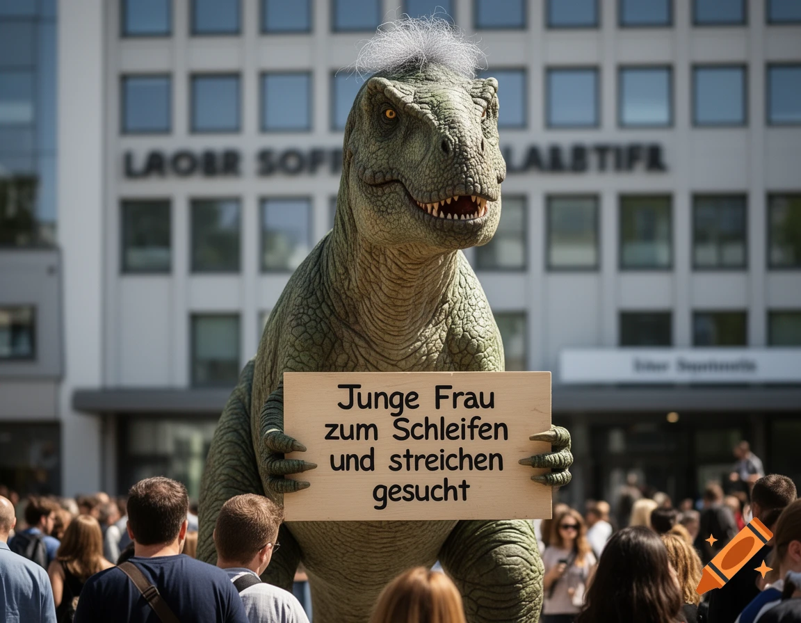 A grey-haired dinosaur stands in front of a building with people, holding a sign that reads, "Young woman wanted for sanding and painting" in German.
