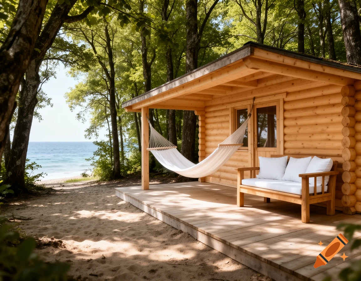 Photorealistic image of a log cabin with a white hammock and bench on a wooden porch, on a sandy beach by a forest and the ocean.