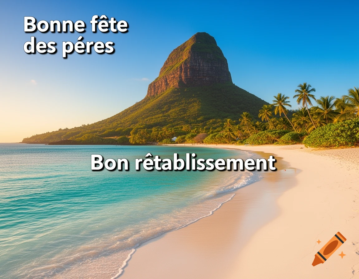 Photorealistic tropical beach with Morne Brabant mountain, turquoise sea, white sand, and palm trees. French text: 'Bonne f te des p ères' and 'Bon r établissement'.