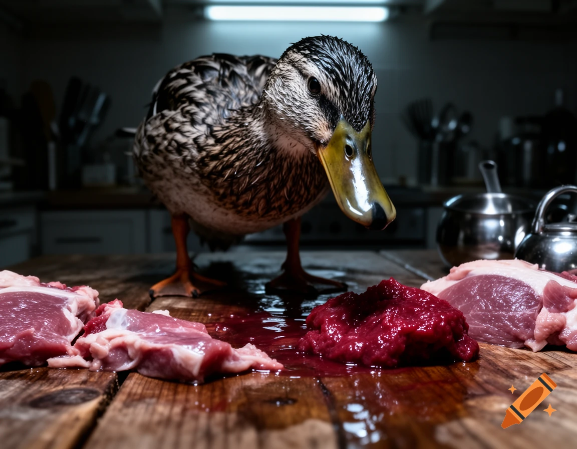 A duck stands on a wooden table, looking down at raw meat and blood in a dimly lit kitchen, photorealistic.