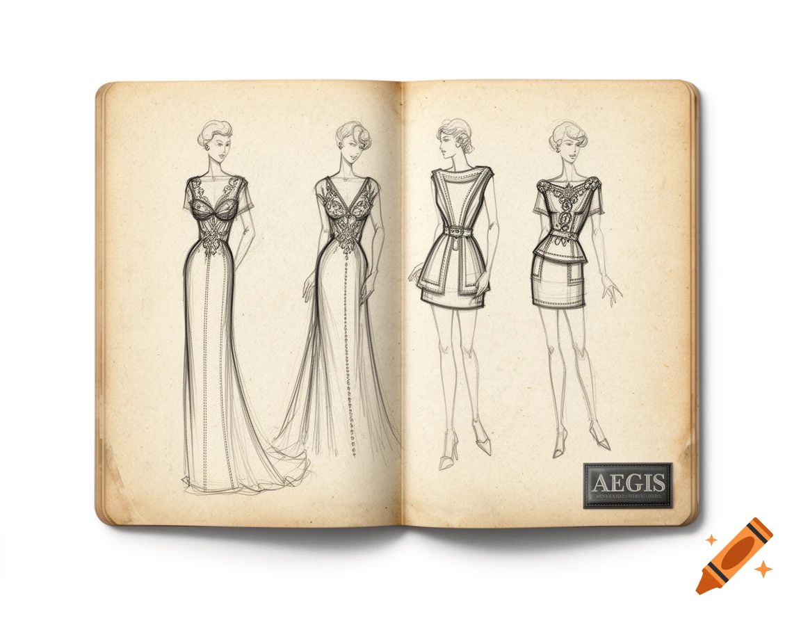 Pencil sketches of four women modeling vintage evening wear and mini dresses in a sketchbook, with an AEGIS label.