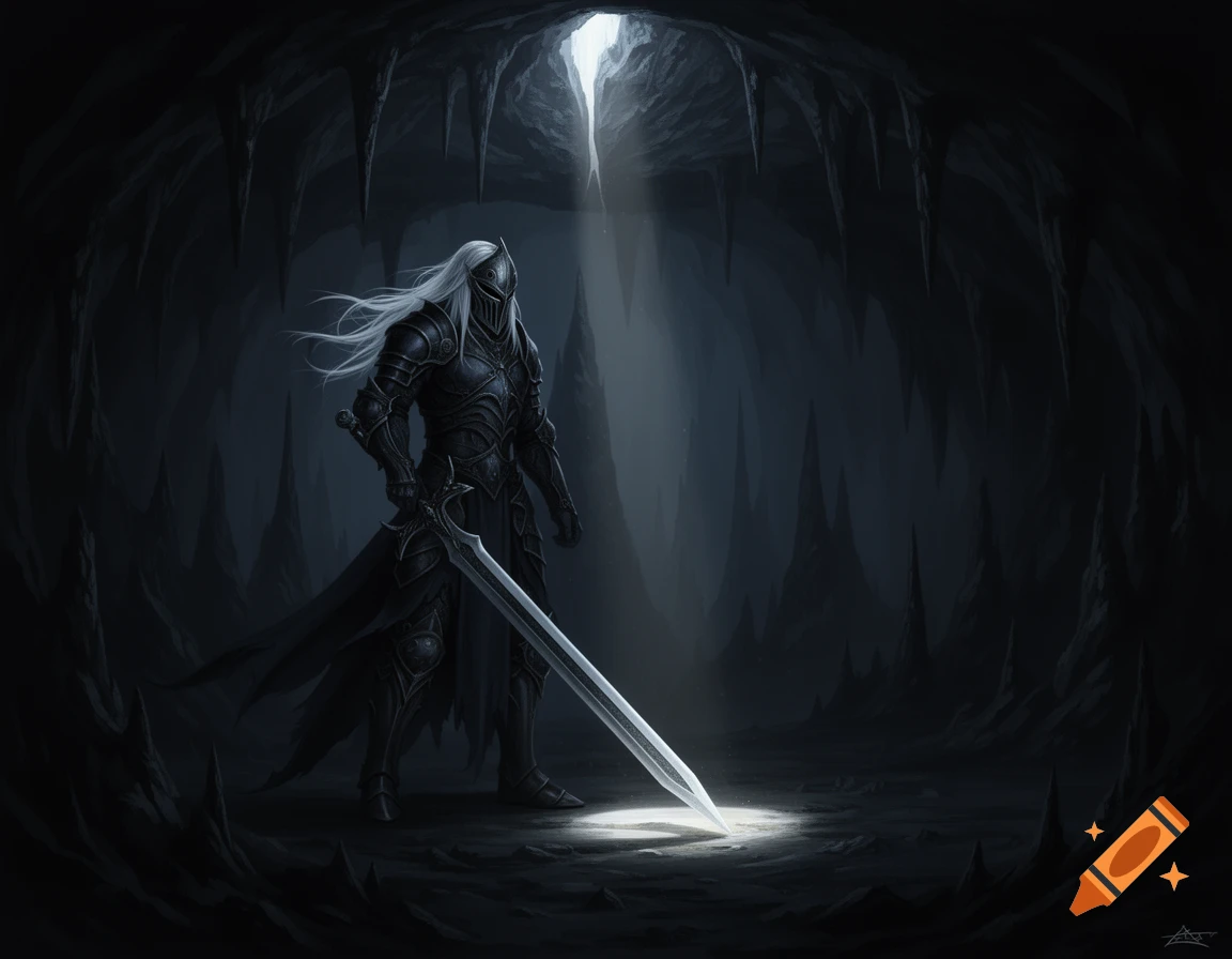An armored knight with long white hair holds a greatsword in a dark fantasy cave, illuminated by a single ray of light from above.