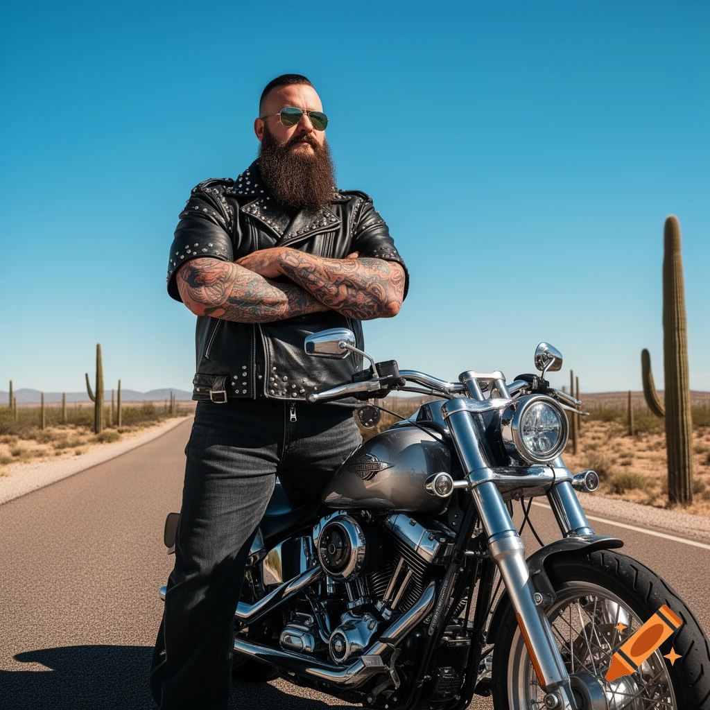 A bearded man in a leather jacket and sunglasses stands with his arms crossed next to a motorcycle on a desert road with cacti under a clear blue sky.