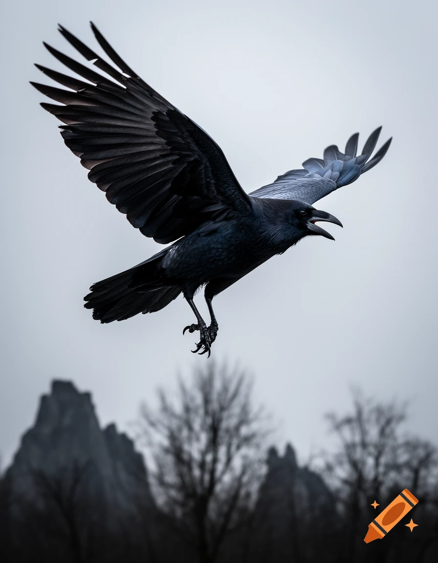 A black raven with widespread wings, cawing, in mid-flight against a grey sky, with dark, blurred trees and mountains below.
