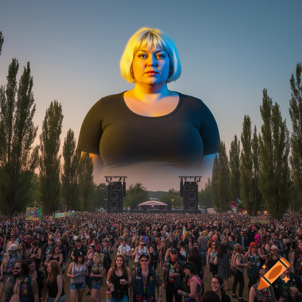 A giant blonde woman in a black shirt stands over a vast crowd at an outdoor music festival with speaker towers and trees.