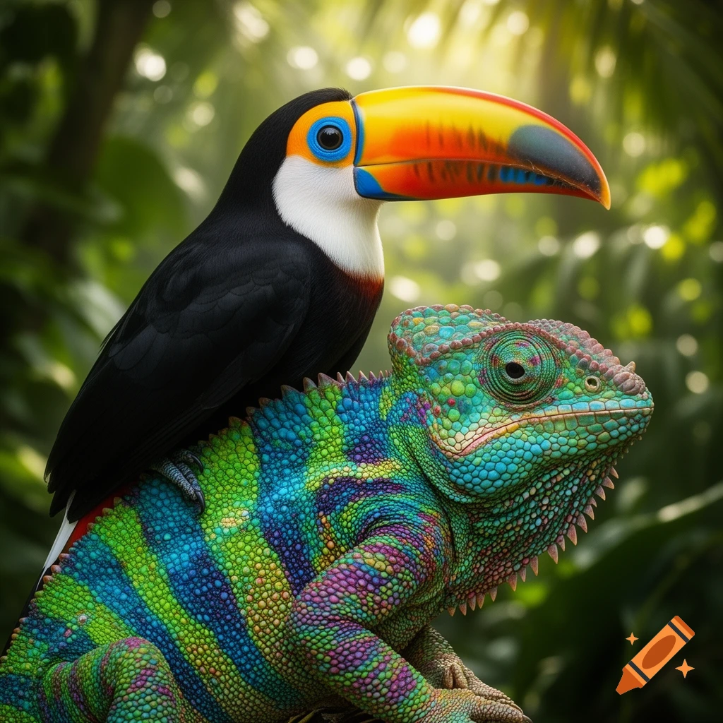 A colorful toucan with a large beak sits on the vibrant, textured body of a chameleon in a lush jungle.