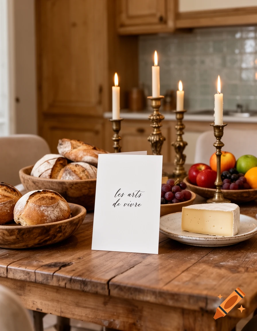 Rustic wooden table with bread, cheese, fruit, and lit candles, a card reads "les arts de vivre".