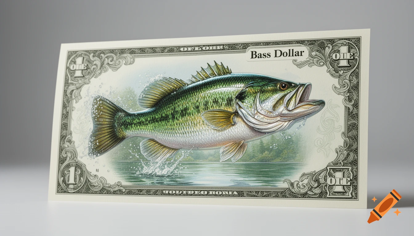 A detailed illustration of a green and silver bass fish jumping out of water, centered on a stylized dollar bill with "Bass Dollar" and "ONE" text.