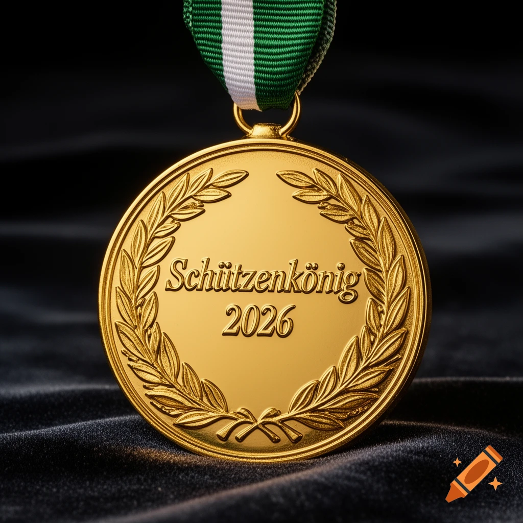 A close-up shot of a gold medal with 'Schützenkönig 2026' engraved, surrounded by a laurel wreath, hanging from a green and white ribbon on a dark background.