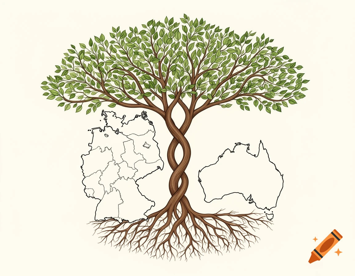 An illustration of a tree with intertwined trunks, green leaves, and roots formed by outlines of the maps of Germany and Australia.