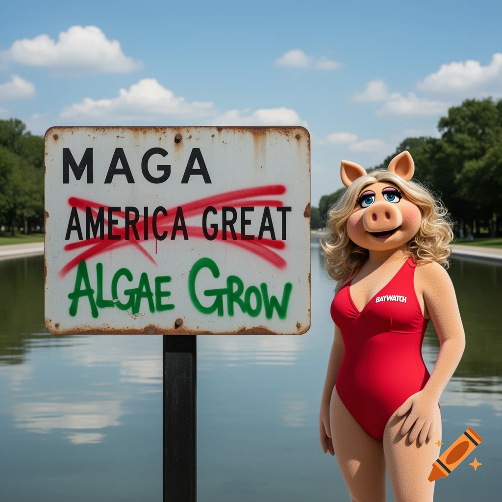Miss Piggy in a red Baywatch swimsuit stands by the Reflecting Pool next to a sign reading 'MAGA', 'AMERICA GREAT' (crossed out), and 'ALGAE Grow'.
