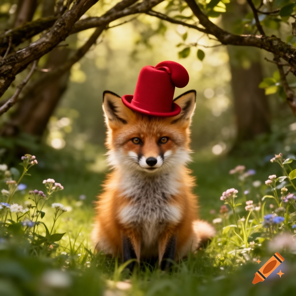 A cute, photorealistic fox wearing a red hat, sitting in a grassy forest clearing with wildflowers.
