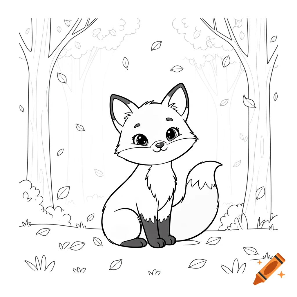 A cute cartoon fox sits in a forest with falling leaves, drawn as a black and white line art coloring page.