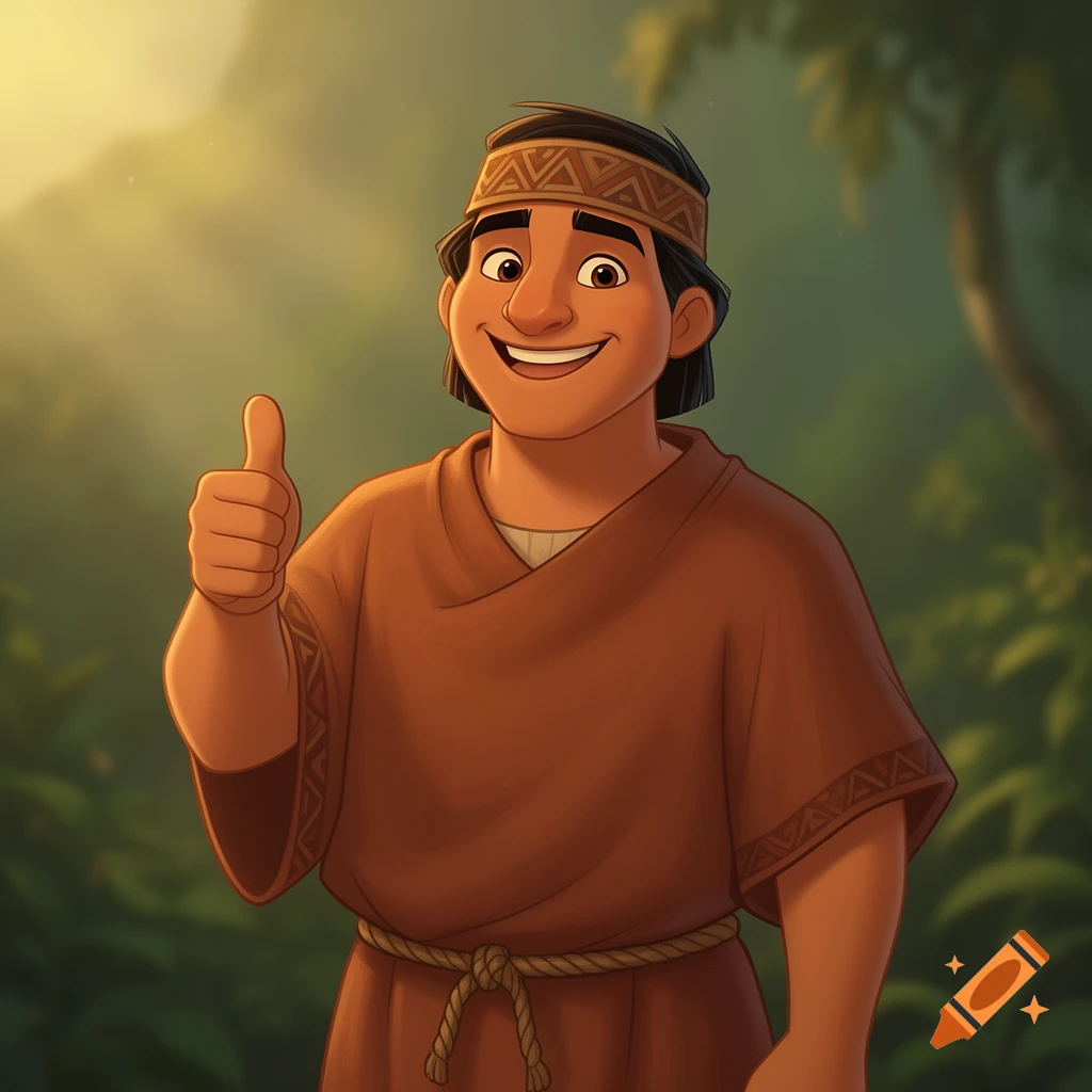 A cheerful cartoon man resembling Pacha from Emperor's New Groove, smiling and giving a thumbs up in a jungle setting.