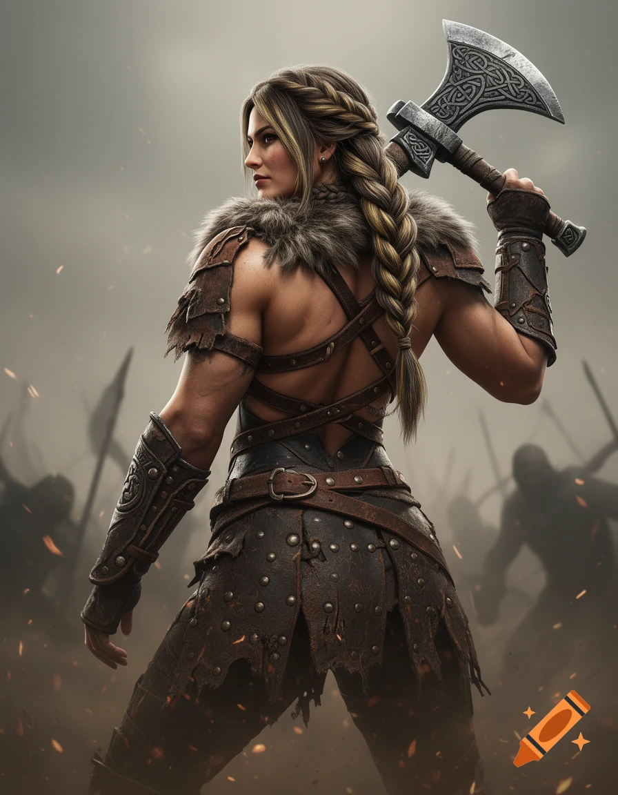 Photorealistic image of a female warrior in armor with a fur collar, holding a large axe, looking over her shoulder on a smoky battlefield.