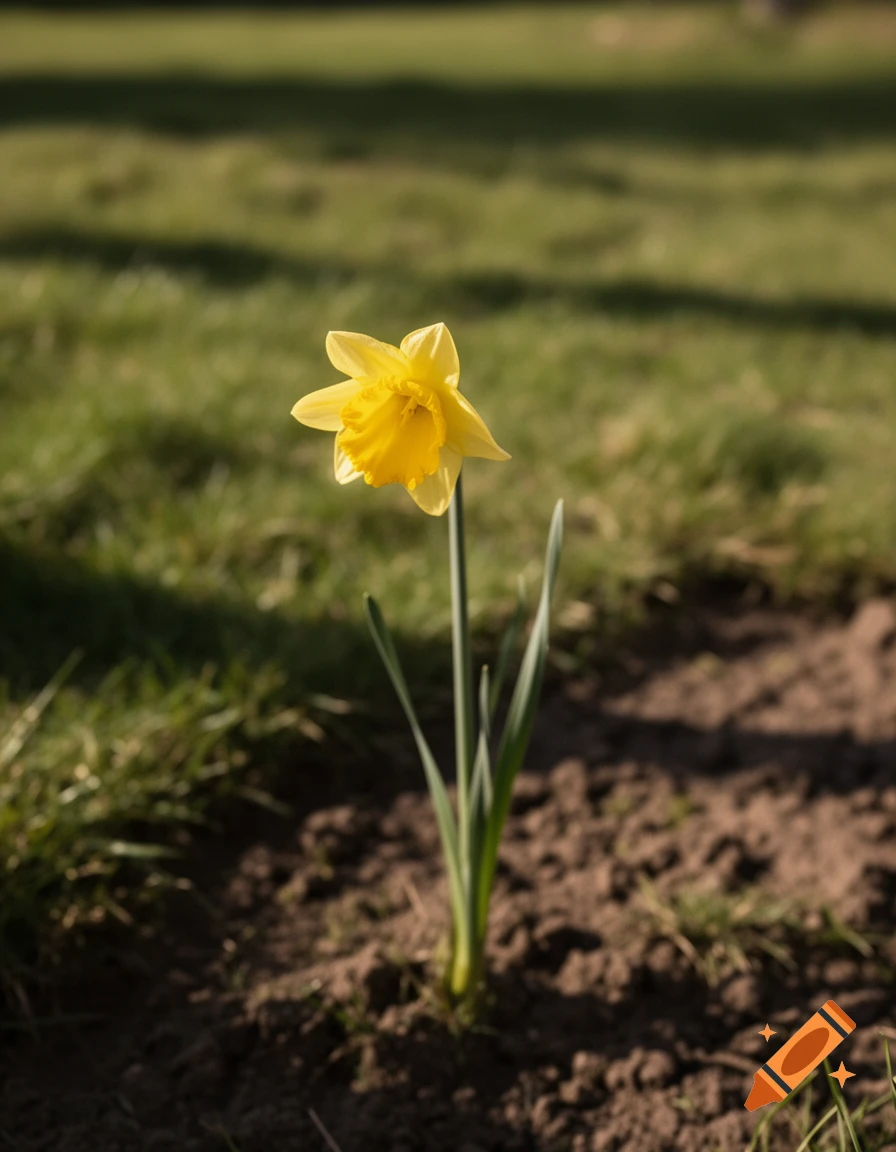 A single yellow daffodil flower grows in dark soil with blurred green grass in the background under natural light.