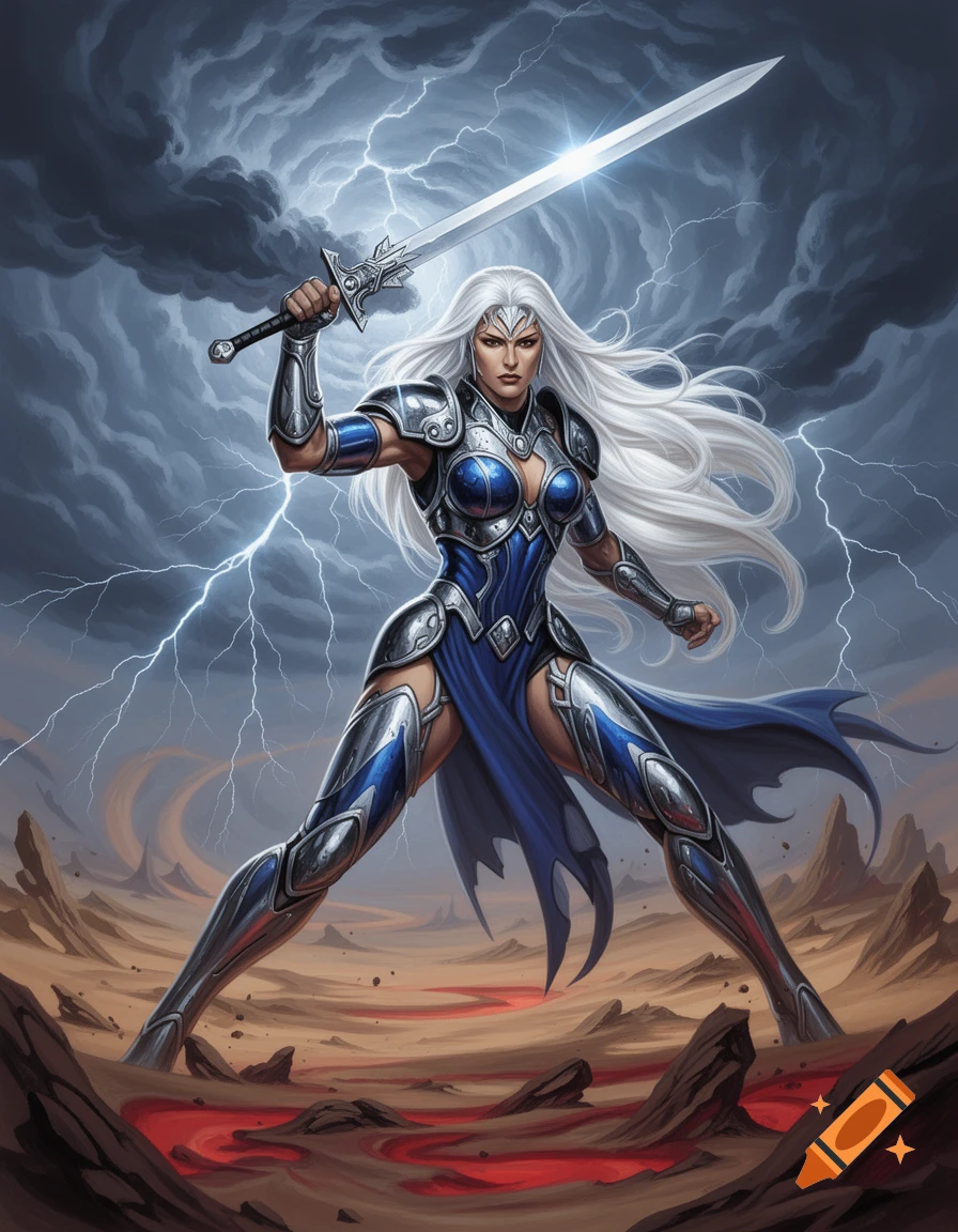 Female warrior with white hair and blue-silver armor raises a glowing sword, standing in a stormy, lightning-filled barren landscape.
