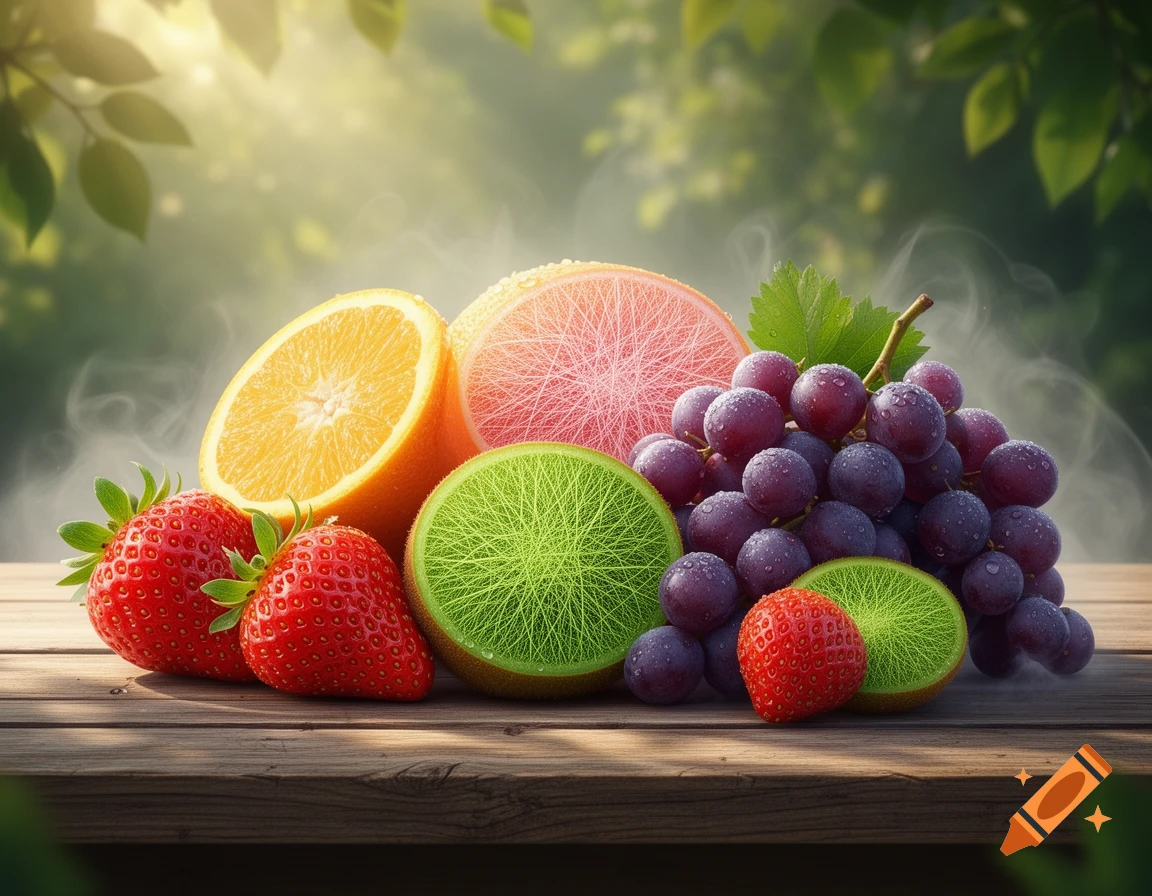 A vibrant arrangement of fresh strawberries, orange, grapefruit, kiwi slices, and grapes on a wooden table outdoors.