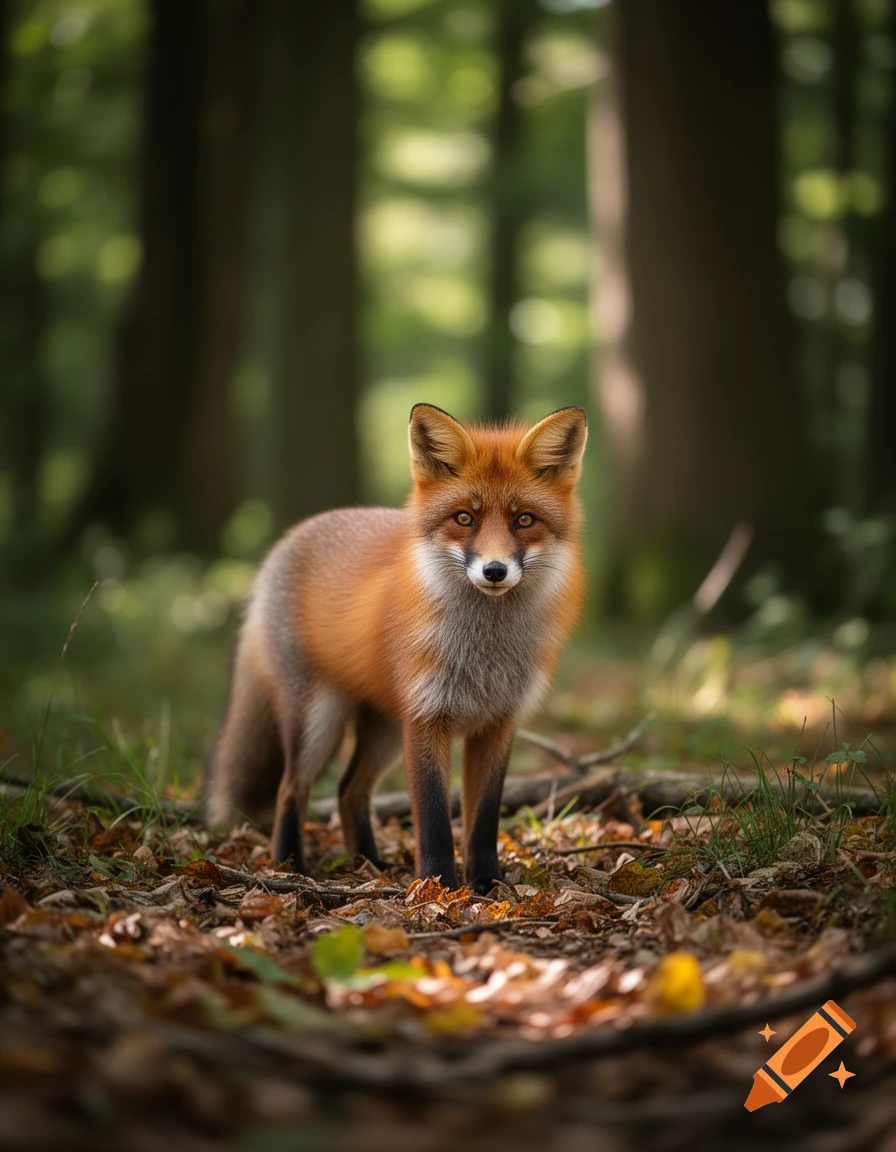 A photorealistic red fox with black legs stands in a forest among fallen leaves, looking directly at the viewer.