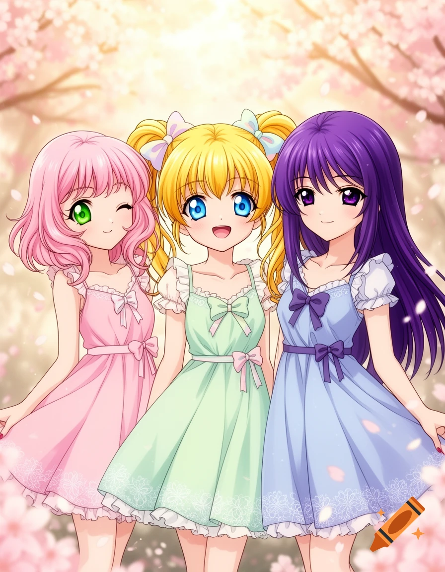 Three anime girls with pink, yellow, and purple hair in pastel dresses standing under cherry blossoms.