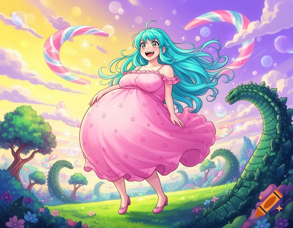 A cheerful anime woman with blue hair and a huge pink dress stands in a vibrant, surreal landscape with candy moons and green Godzilla-like creatures.