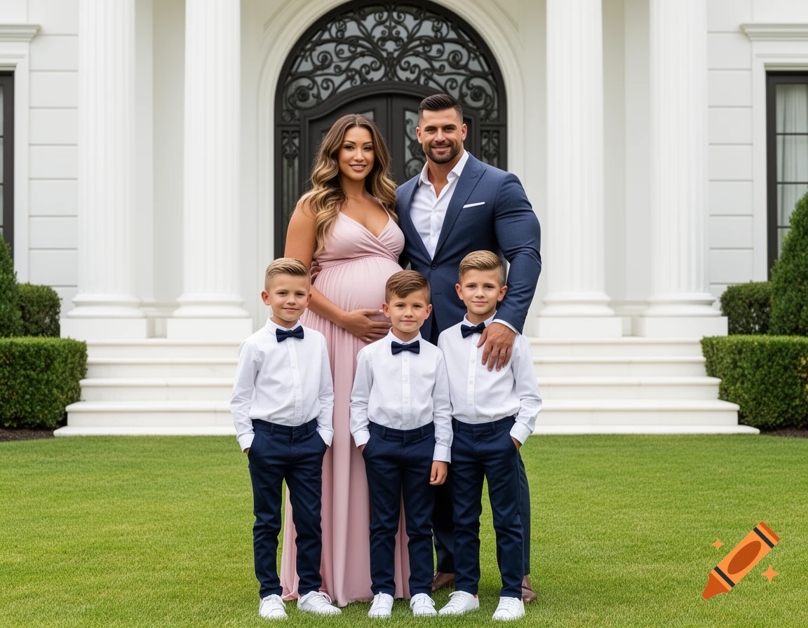 A family portrait featuring a pregnant woman, a man, and three boys in formal attire standing in front of a white mansion.