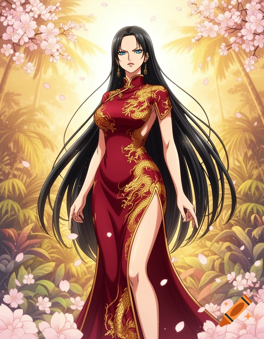 Anime character Boa Hancock in a red cheongsam with gold dragons, standing in a glowing tropical jungle with pink cherry blossoms.