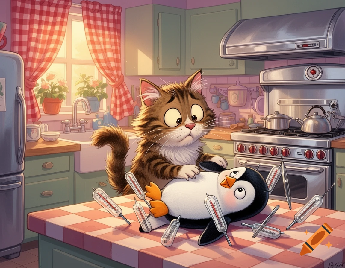 A cartoon cat looks baffled at a penguin plush covered in meat thermometers on a kitchen counter.