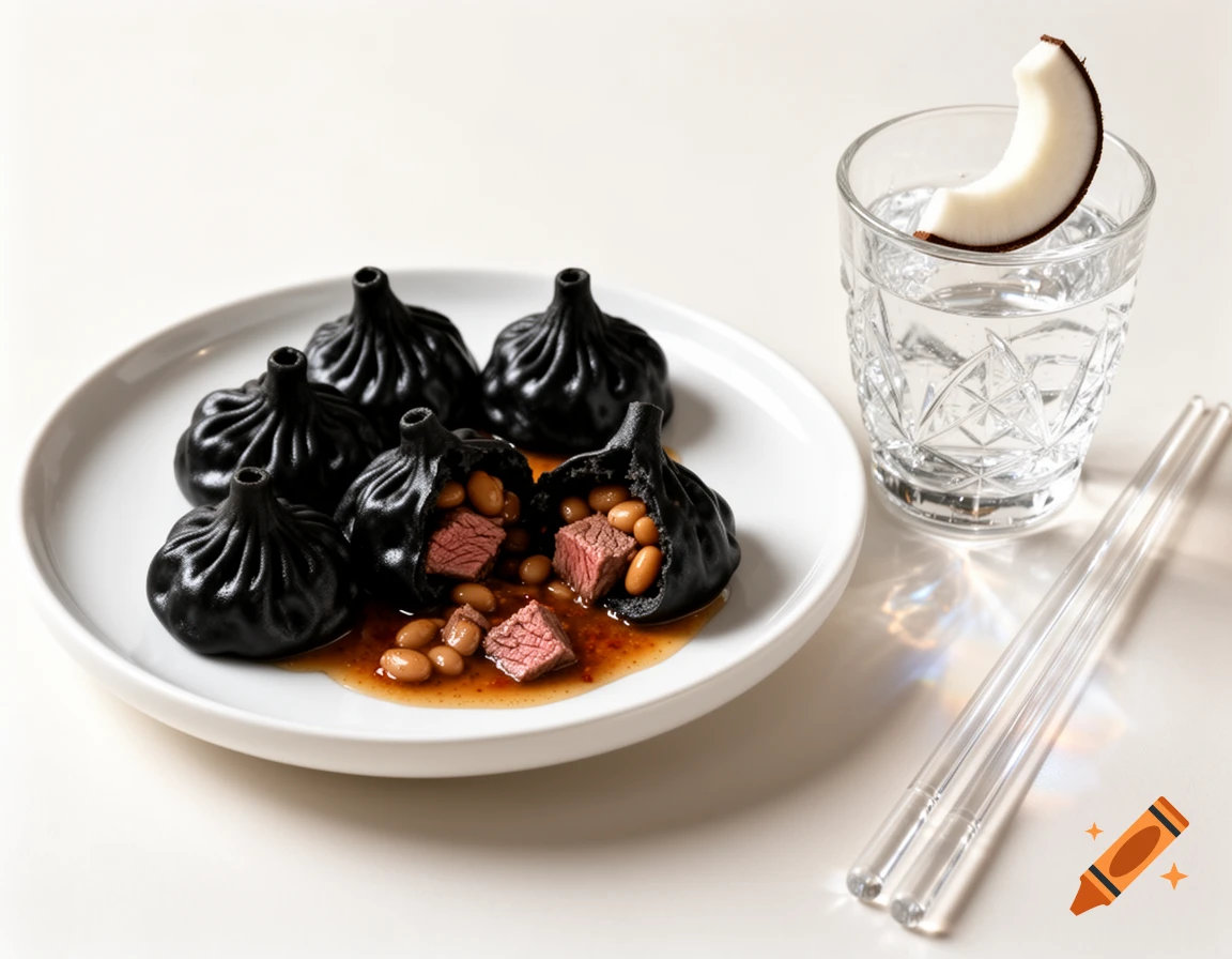 Black dumplings with steak and beans on a white plate, alongside a glass of water with coconut and glass chopsticks.