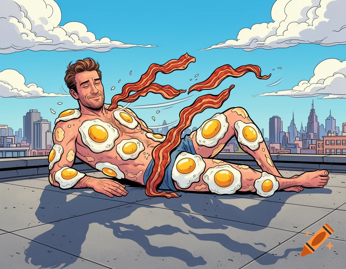 A man covered in fried eggs and bacon strips lies smiling on a sunny comic-style city rooftop.