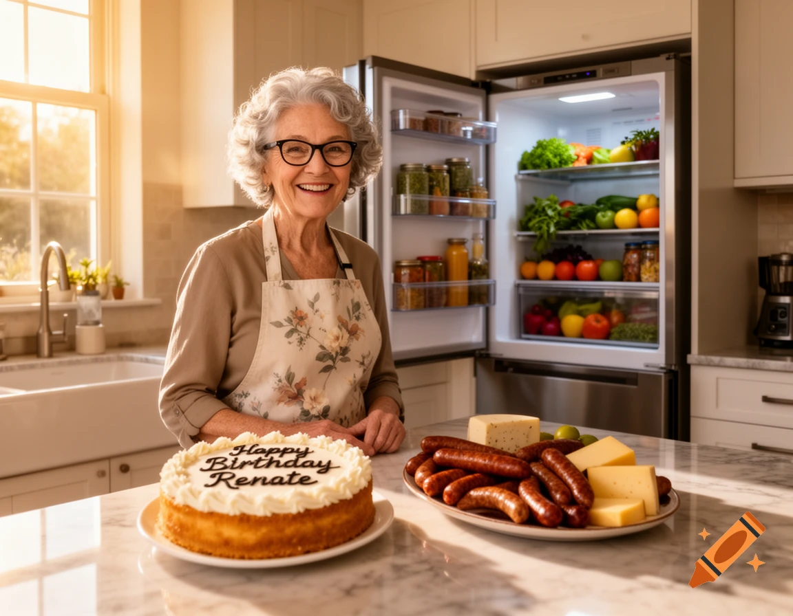 A happy grandmother with gray hair and glasses smiles in a bright kitchen next to a birthday cake, sausages, and a full open fridge.