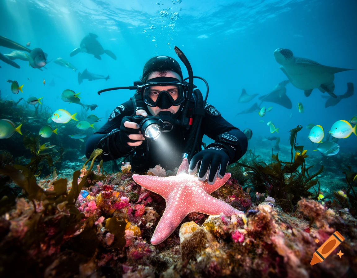 A scuba diver shines a light on a pink starfish on a colorful coral reef, surrounded by various fish and marine animals.