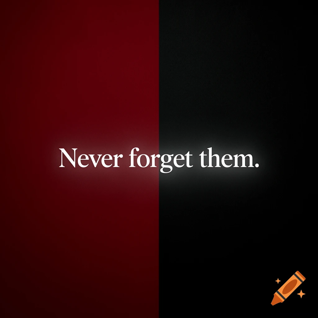 White text 'Never forget them.' on a vertically split background, half deep crimson red and half matte black.