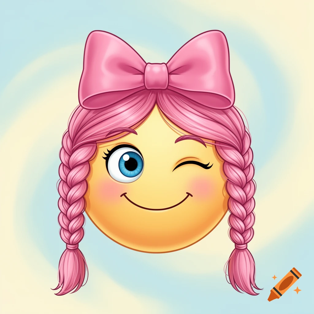 A winking yellow emoji face with blue eyes, pink braided pigtails, and a large pink bow on its head, against a soft blue and yellow background.